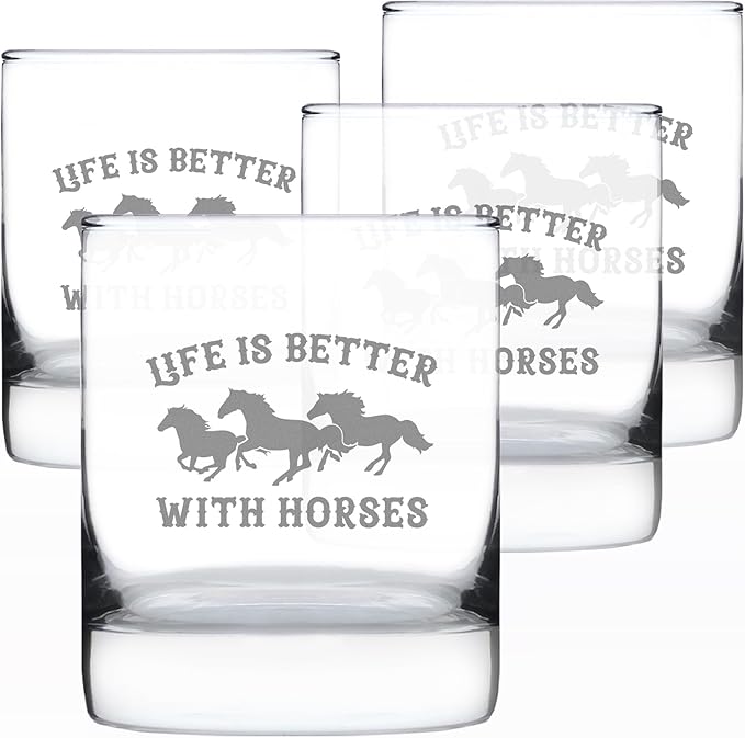 Life Is Better With Horses - Whiskey Rocks Glass Gifts - Funny Horse Gifts and Decor for Men & Women - Set of 4-10.25 Oz Glasses