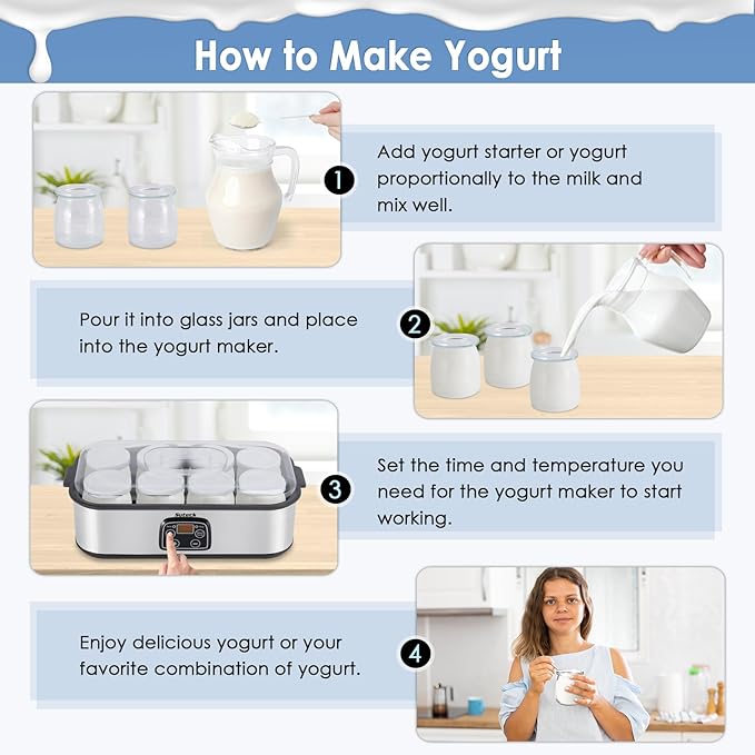 Yogurt Maker Automatic Digital Yoghurt Maker Machine with 8 Glass Jars 48 Ozs (6Oz Each Jar) LCD Display with Constant Temperature Control Stainless Steel Design for Home Use