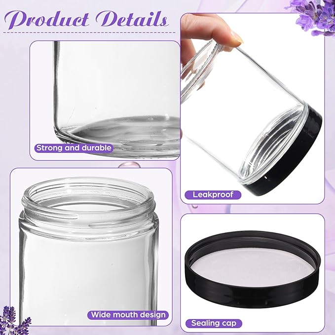 12 Pcs 8 oz Glass Jars with Lids, Clear Candle Jars with Black Lids Round Empty Candles Container Tins for Candle Making Storing Lotions Spice Powder Liquid Sample Makeup (Clear)