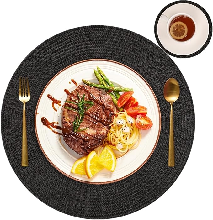6/12Set Round Braided Placemats Table Mats for Dining Tables Woven Washable Non-Slip Place mats 13inch Halloween Decor(Black,6 Set)