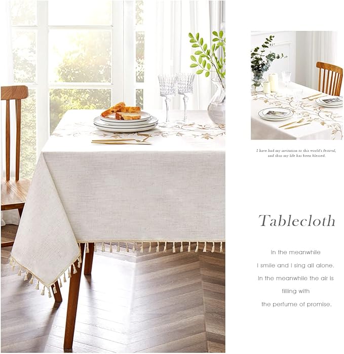 QIANQUHUI Embroidered Tablecloth for Dining Table,Rustic Farmhouse Kitchen Table Cover, Dust Proof Spillproof Soil Resistant Cotton Linen Rectangle Tablecloths（N-Beige,55x86 inch）