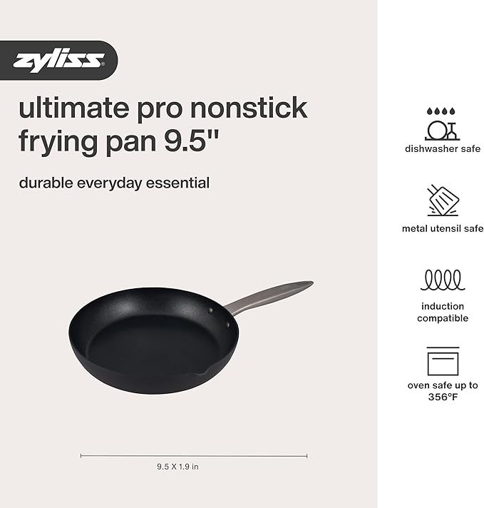 Zyliss Ultimate Pro Nonstick Frying Pan - Hand Anodized Frying Pan with Pour Spout - Non-Stick Stainless Steel Cookware - Scratch-Resistant and Dishwasher-Safe Pan - 9.5 inches