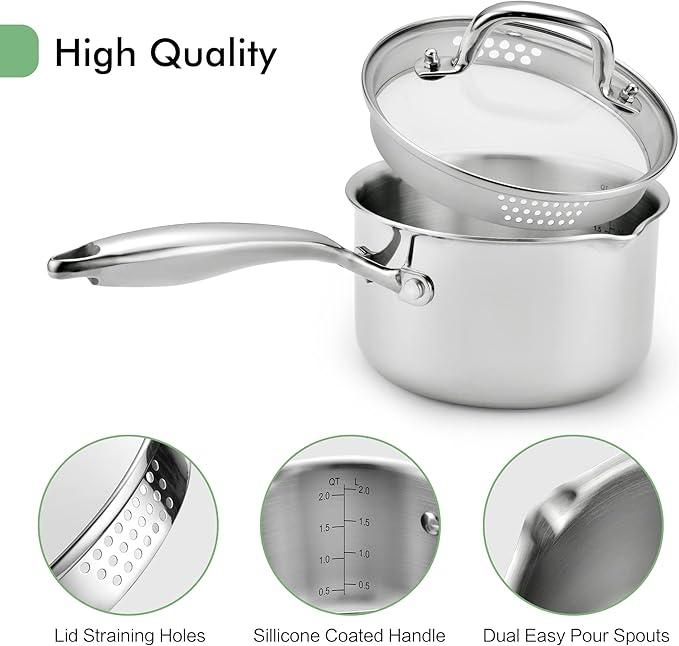 2.0 Quart Stainless Steel Pot Saucepan with Glass Strainer Lid, Sauce Pot with Two Side Spouts, Induction Cooking Pot, Multipurpose Sauce Pan with Lid for Cooking