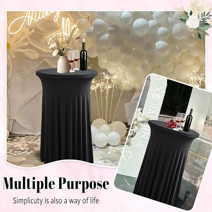 Qubjus 2 Pack Round Cocktail Table Covers with Skirt Stretch Spandex Tablecloth 24"x43" Cocktail Round Tablecloth for Party Wedding Birthday Banquet, Black