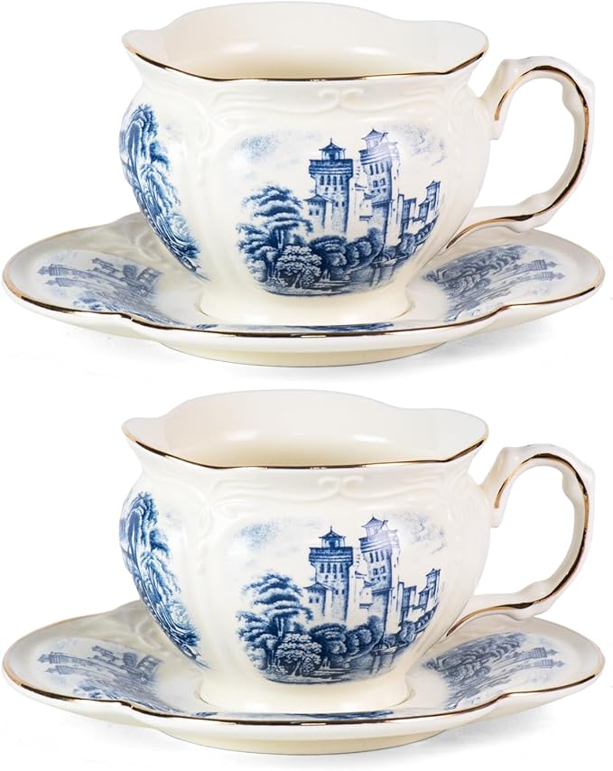 KAMMAK Tea Cups and Saucers Set of 2, Porcelain Coffee Cups, 8-Ounce Stackable Espresso Mugs, Ceramic Demitasse for Coffee, Latte, Americano, Tea, Retro Blue