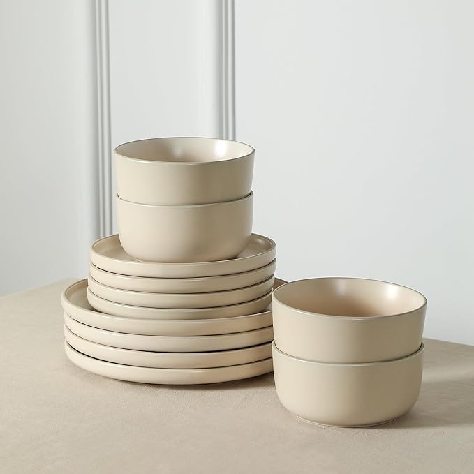 Earth & Clay Amber 24-Piece Dinnerware Set Stoneware, Dishwasher and Microwave Safe Plates and Bowls Set, Dish Set for 8, Beige