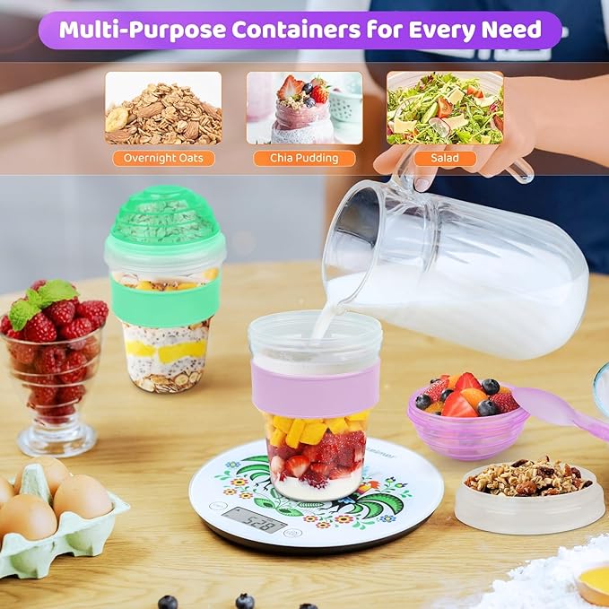 Yogurt Parfait Cups with Lids Reusable - 4 Pack 20 oz Overnight Oats Containers with Lids Folding Spoons Granola Topper, Cereal Salad Jars for Oatmeal Chia Pudding Meal Prep