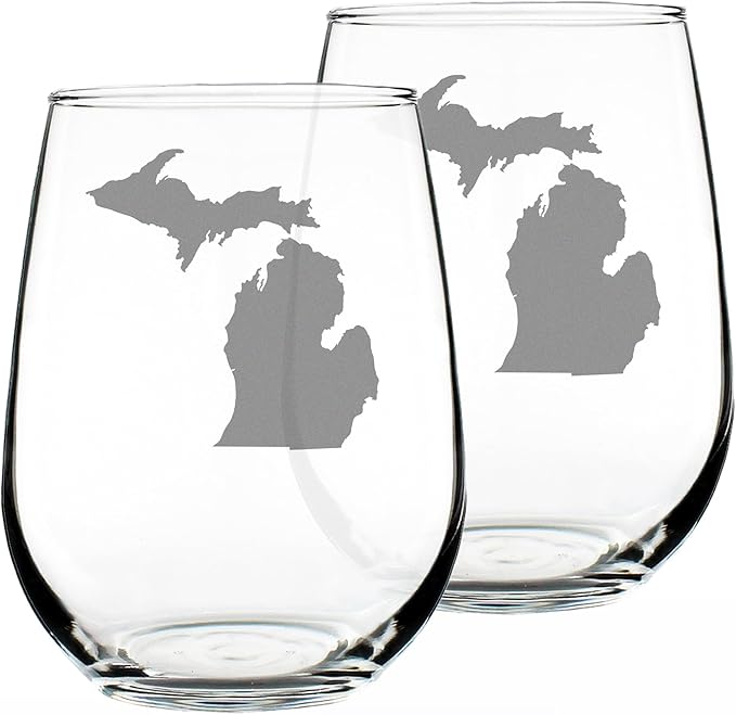Bevvee Michigan State Outline Stemless Wine Glass - State Themed Drinking Decor and Gifts for Michigander Women & Men - Set of 2 - Large 17 Oz Glasses