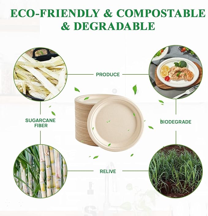 Vplus 200 Pack Paper Plates 7 inch 100% Compostable, Heavy-Duty Disposable Paper Plates Bagasse Natural Biodegradable Eco-Friendly Sugarcane