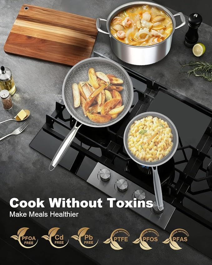FogDream Stainless Steel Cookware, Tri Ply Pots And Pans Set, Non Stick Frying Pans, Soup Pot & Sauce Pan With Tempered Glass Lids, Cool Handles, Dishwasher Safe, Induction Compatible, Silver