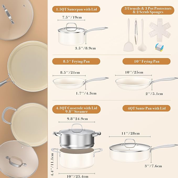 PekGema Ceramic Pots and Pans Set, 16 Pcs Cookware Set Non Toxic, Nonstick Kitchen Cookware, Oven Safe Cooking Pan Set, PFAS PTFE PFOA FREE, Cream White