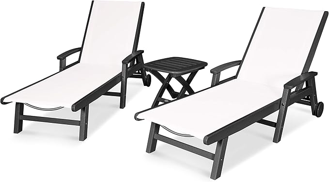 Polywood® Coastal 3-Piece Wheeled Chaise Set in Black/White Sling