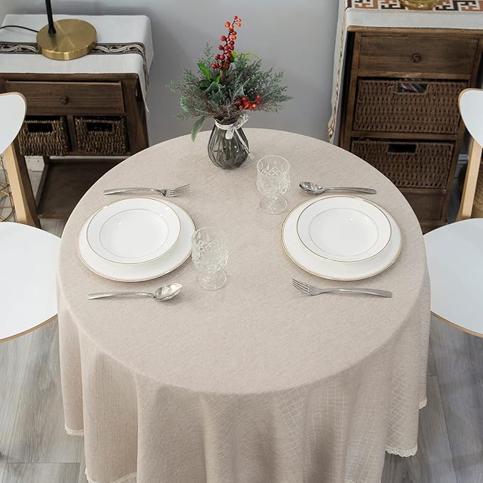 Textured Tablecloth Linen-Look Rustic Burlap Stlye Washable Solid Heavy Weight Lace Trim Fabric Table Cloth,Table Cover for Kitchen Dinning Tabletop Decoration 108 in Round Beige