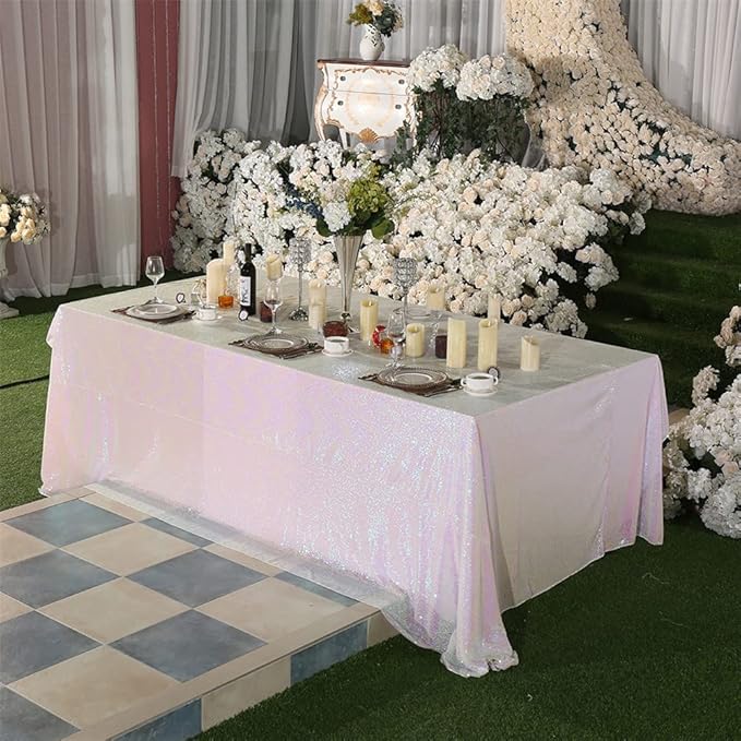 Eternal Beauty White Iridescent Tablecloth, 90x132 Inch Sequin Rectangle Table Cover for Cake Dessert Exhibition Party Birthday Events