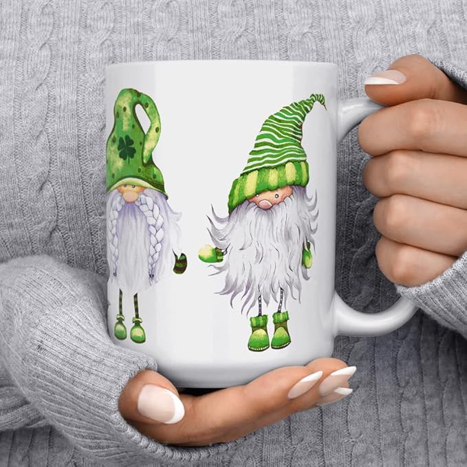 Loftipop St Patricks Day Irish Gnomes Coffee Mug, Lucky Green Shamrock Tea Cup, Gift for Her Mom Friend (15oz)