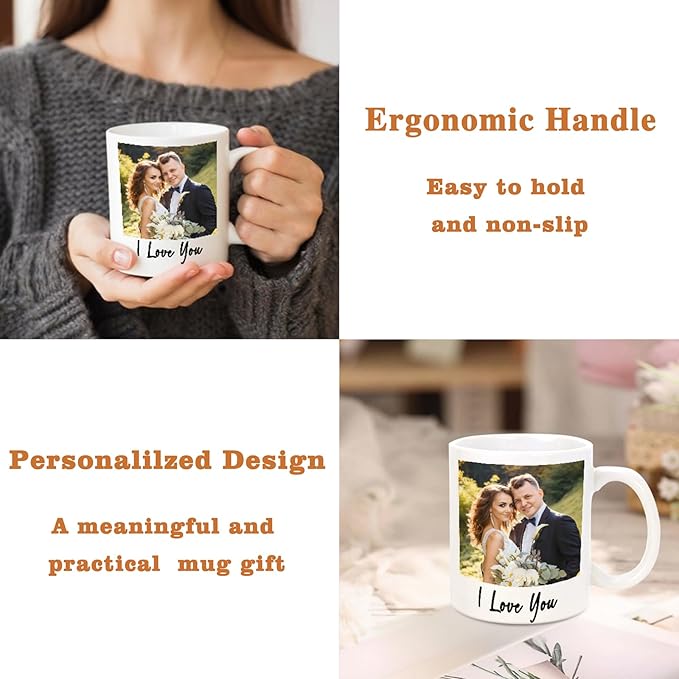 Custom Coffee Mug for Men Women, Personalized 11oz Ceramic Mug with Photo Text & Birth Flower,Customized Valentines Day Gifts for Him Her(1 Photo)