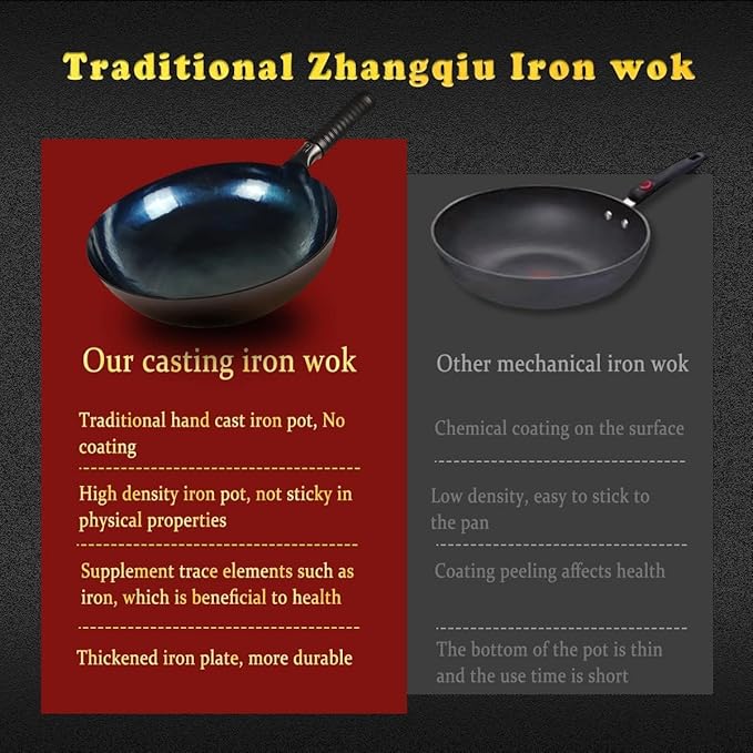 14 Inch Chinese Hand Hammered Iron Wok and Stir Fry Pans with Lid Round Bottom Wok Pan Non-stick No Coating Ideal for Home Use and Gift Giving