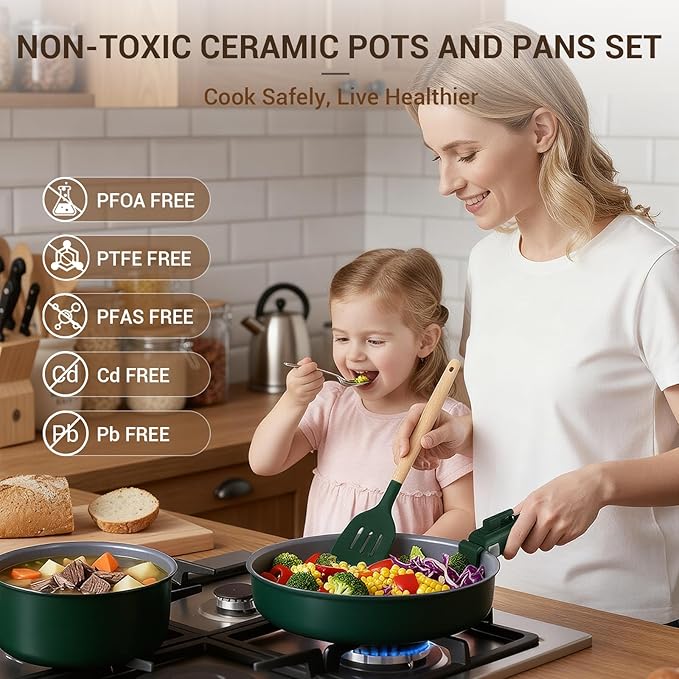 Ammeloo 18-Piece Ceramic Pots and Pans Set Non Stick, Non Toxic Cookware Set with Removable Handles, Pot Sets for Cooking, Induction Ready, Dishwasher & Oven Safe, PFAS PFOA & PTFE Free