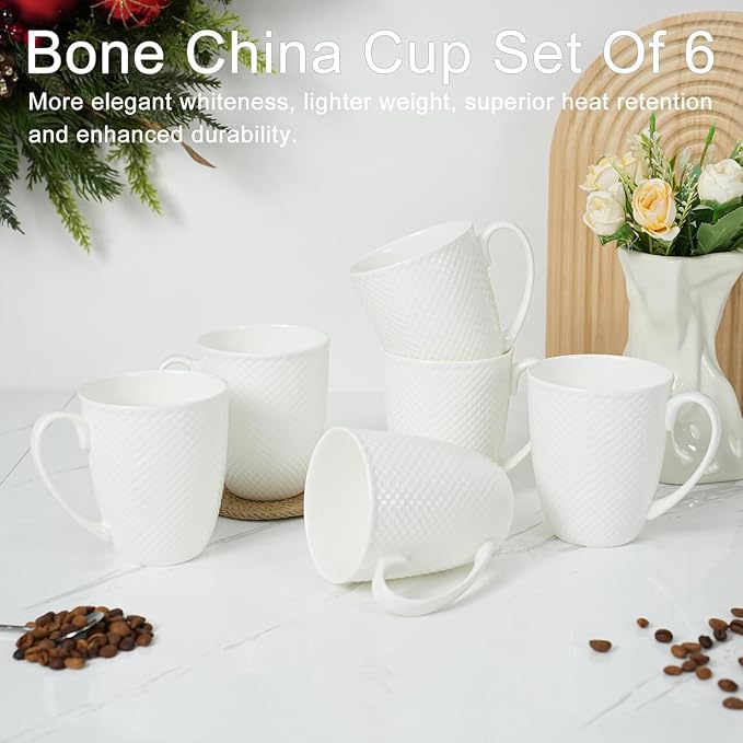 12 Oz Coffee Mugs Set of 6, Fine Bone China Mugs, White Ceramic Coffee Cups, Rhombus Relief Texture, Lightweight Tea Mugs for Latte, Hot Cocoa, Women, Men