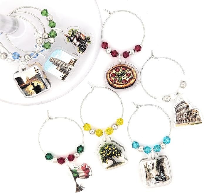 Italy Set of 8 – Italian Gifts with Flag, Leaning Tower of Pisa, Colosseum Designs – Party Favors, Glass Identifiers, Celebration Supplies
