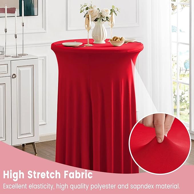 Qubjus 2 Pack Round Cocktail Table Covers with Skirt Stretch Spandex Tablecloth 24"x43" Cocktail Round Tablecloth for Party Wedding Birthday Banquet, Red