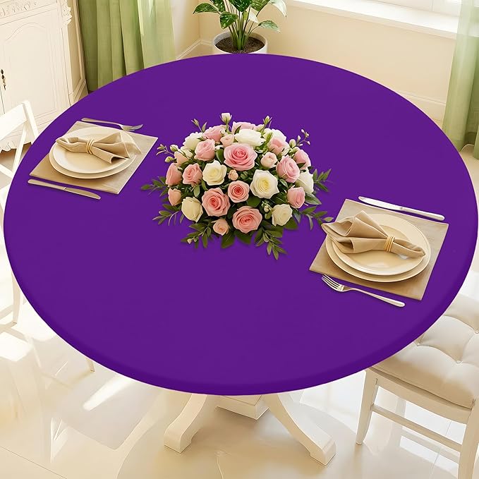 Round Spandex Tablecloth, Elastic Fitted Waterproof Tablecloths for 45"-56" Tables, Stretch Washable Picnic Table Cover for Camping, Dining, Indoor and Outdoor, Purple