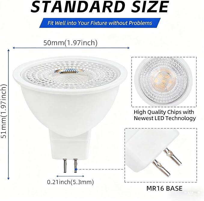 MR16 LED Bulb 50W Halogen Equivalent,3000K led Light Bulbs,mr16 gu5.3 led Bulbs 12-36V AC&DC Spotlight Bulb,38° Beam Angle for Landscape,Kitchen Track Lighting Dimmable,12-Pack.