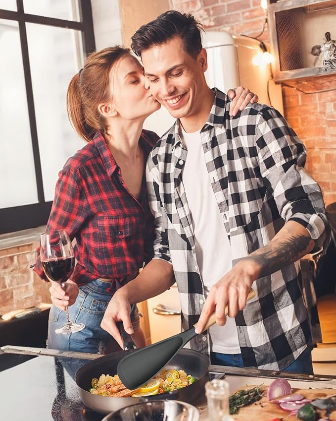 Cooking Spoon for Nonstick Cookwares, Great for Cooking and Serving Sturdy BPA-Free Matte Silicone, Wood Handle Spoon for Mixing, Scoop, and Scrape (2 Pack of Grey, 13.4 inch)