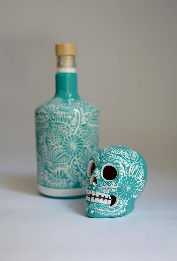 Tequila Decanter Set, Liquor Decanter with Shot Glasses and Mexican Sombrero, Hand-painted Decanter, Skull Decanter, Bar Decoration, Unique Tequila Gift, Gift For Dad (Turquoise Charro Set)