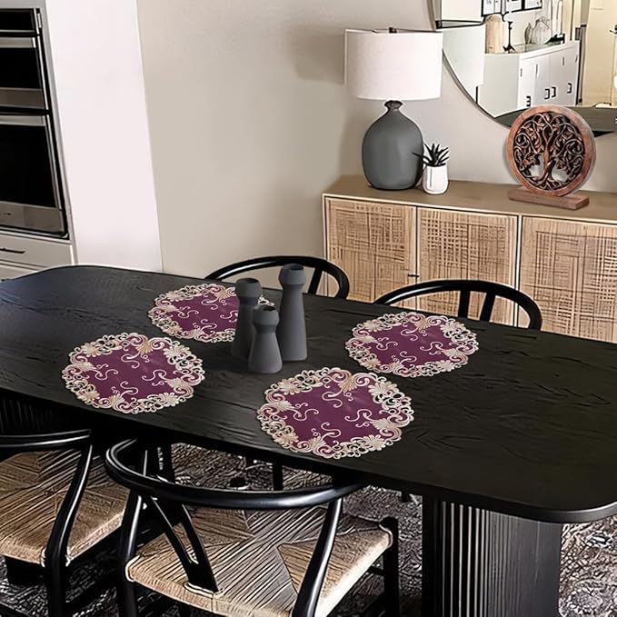 Decozen Set of 8 Doilies for Table, Lace Doilies - Rustic, Crochet, Farmhouse, Kitchen, Dining Table Centerpiece Decor - Round Christmas Placemats - 15 inch Gold Burgundy, The Chantelle Collection