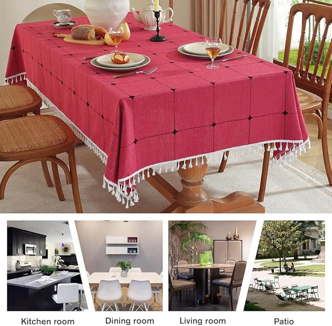Pahajim Rustic Linen Tablecloth Cotton Rectangle Table Cloth for Kitchen Dining with Tassel Plaid Waterproof Tablecloths Rectangle/Oblong,55''x79'',4-6 Seats