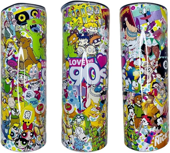 Love the 90s Nineties 1990 Cartoon Deluxe Custom Tumbler 20oz Skinny Straight Insulated Tumbler with Lid and Straw, Portable Mug Cup