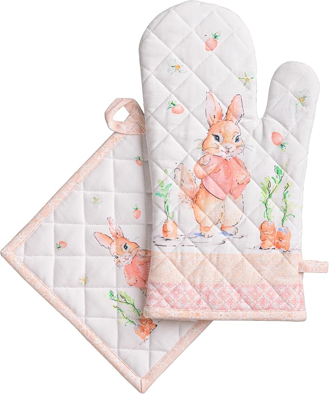 Maison d' Hermine 100% Cotton Oven Mitt & Pot Holder Set (7.5"x13" & 8"x8") Heat Resistant BBQ Cooking Gloves with Loop, Baking, Grilling, Kitchen, Handling Hot Pans Spring/Summer (Bunny Party)