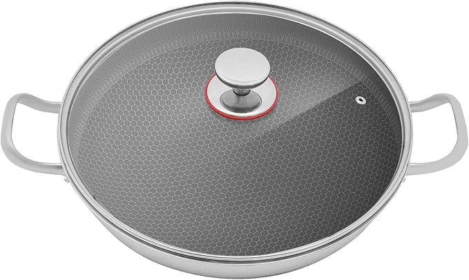 Wok Pan,Hybrid Wok with Lid,Non Stick Stainless Steel Woks & Stir-fry Pans Nonstick Frying Pan Dishwasher and Oven Safe, Works on Induction (14 inch)