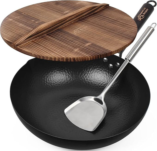 13.4 Inch Carbon Steel Wok For Electric, Induction and Gas Stoves (Lid, Spatula and User Guide Video Included)