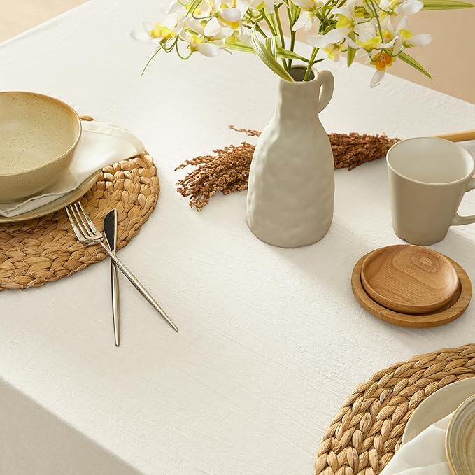 MONDAY MOOSE Ruffle Farmhouse Rustic Rectangle Natural Stonewashed Cotton Tablecloth for Kitchen, Dining Room, Restaurant (60x102 inch, White)