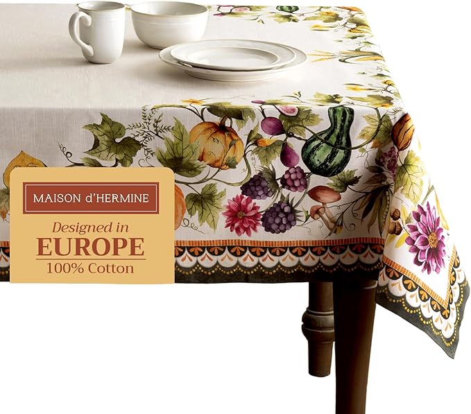 Maison d' Hermine Table Cloth Square Table 100% Cotton 54 x 54 Inches Fall Tablecloth Reusable Everyday Use for Thanksgiving Christmas Decorations Dining Farmhouse (Pumpkin Garden - Cloudy Cream)