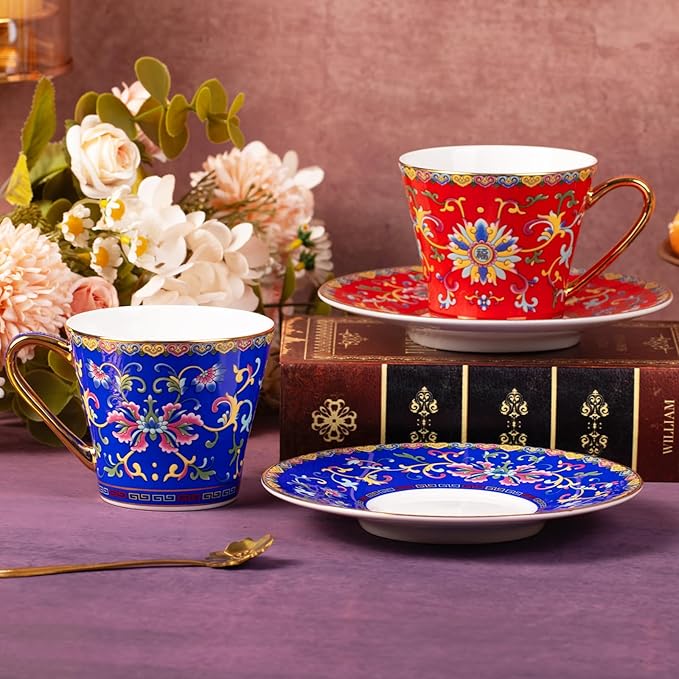 KAMMAK Tea Cups and Saucers Set of 2, Porcelain Coffee Cup with Saucer for Espresso, Cappuccino, 8oz Vintage Red and Blue Ceramic Novelty Mug for Home, Tea Party, Office