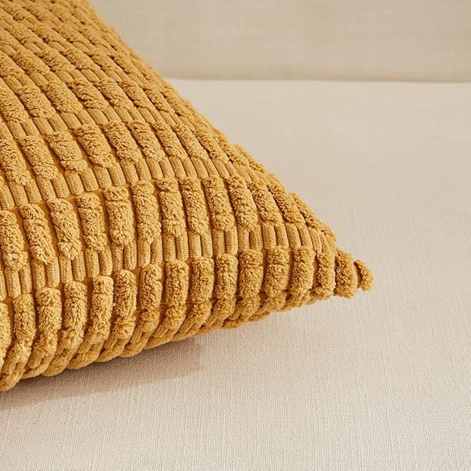 Fancy Homi 4 Packs Mustard Yellow Decorative Throw Pillow Covers 24x24 Inch for Living Room Couch Bed Sofa, Rustic Farmhouse Boho Home Decor, Soft Plush Striped Corduroy Square Cushion Case 60x60 cm