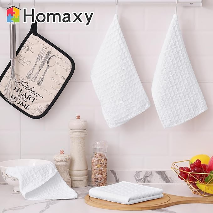 Homaxy Microfiber Waffle Weave Kitchen Towels Set, 16 x 28 Inch and 12 x 12 Inch Ultra Absorbent and Solid Color Dish Towels, 12 Pack, White