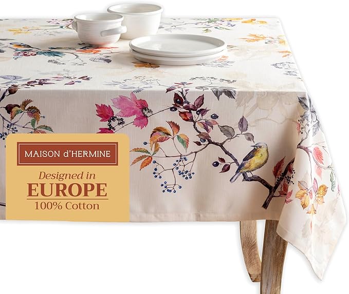 Maison d' Hermine Table Cloth Square Table 100% Cotton 60 x 60 Inches Fall Tablecloth Reusable Everyday Use for Thanksgiving Christmas Decorations Dining Farmhouse Party (Equinoxe - Beige)