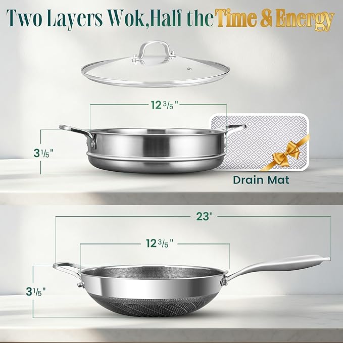 AOSION Hybrid 13 inch Stainless Steel Wok with Steamer, PFOA Free Cookware, Nonstick Wok Pan & Stir-Fry Pans with Lid and Draining Mat, Works on Induction, Dishwasher & Oven Safe