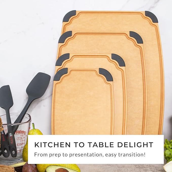 Elihome Essential Series Cutitng Board for Kitchen- Natural Wood Fiber Composite, Dishwasher Safe, Eco-Friendly, Juice Grooves, Non-slip Feet, Non-Porous, Reversible, BPA Free, Medium - 12" x 8"