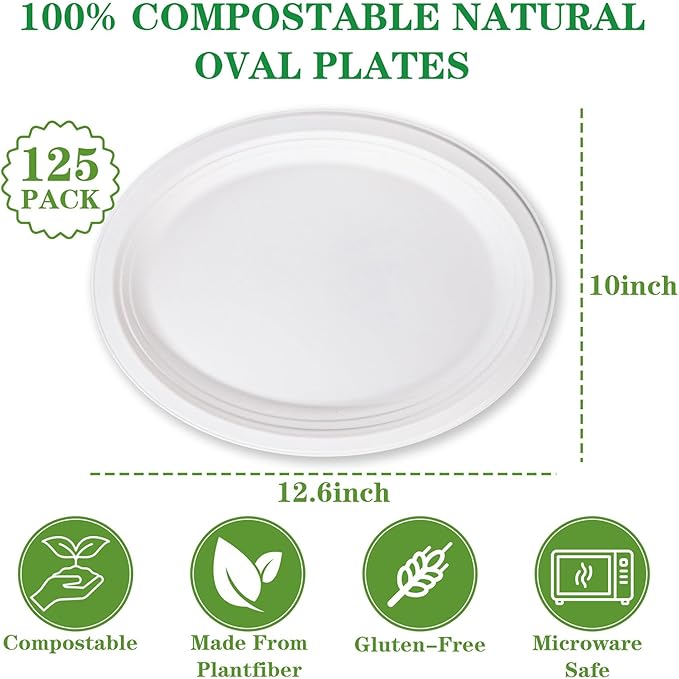DaYammi 100% Compostable Oval Paper Plates 12 Inch, 125-Pack Heavy Duty Paper Plates Bulk,Biodegradable Bagasse,Eco-Friendly Disposable Dinner Plate for BBQ,Picnic,Party (BPI Certified,Microwaveable)