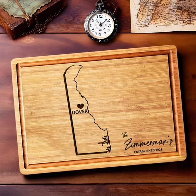 Delaware Gifts Cutting Board, Personalized Wood New Home Gift, Housewarming Destination Engraved Gifts, State Shaped Bamboo Gifts
