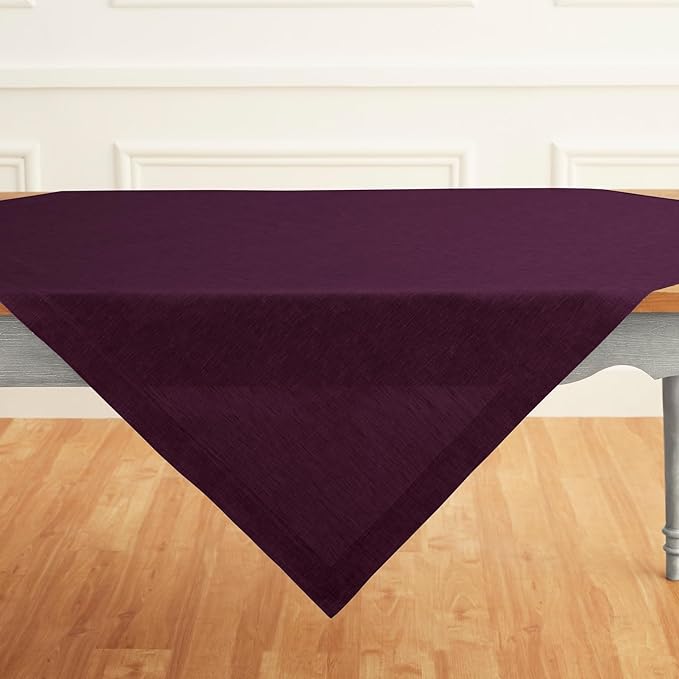 Solino Home Linen Tablecloth 52 x 52 Inch - 100% Pure Linen Square Table Throw - Athena, Machine Washable Chambray Burgundy Tablecloth for Valentines, Winter