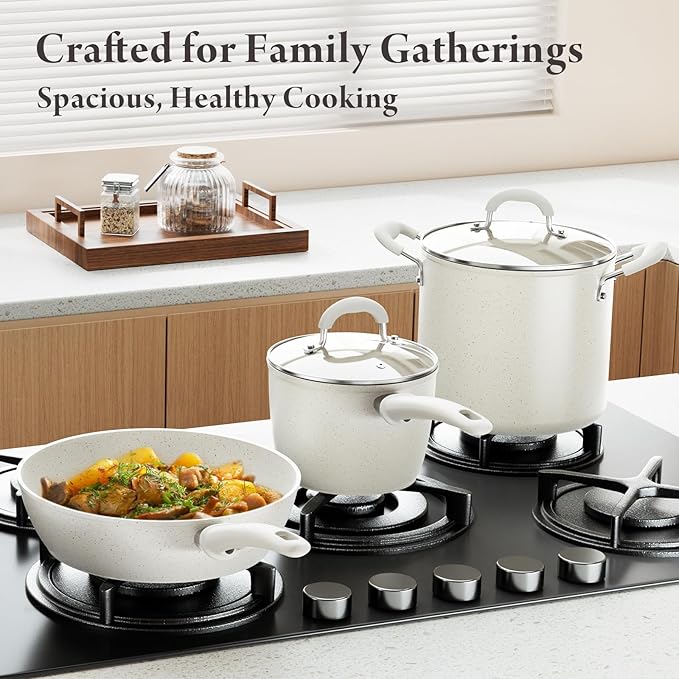 24 Pcs Pots and Pans Set Non Stick, Ceramic Cookware Set with 8QT Stock Pot, Healthy Non Toxic Kitchen Cookware, Large Capacity, Induction Compatible, PFAS/PTFE/PFOA/PFOS Free, Cream White