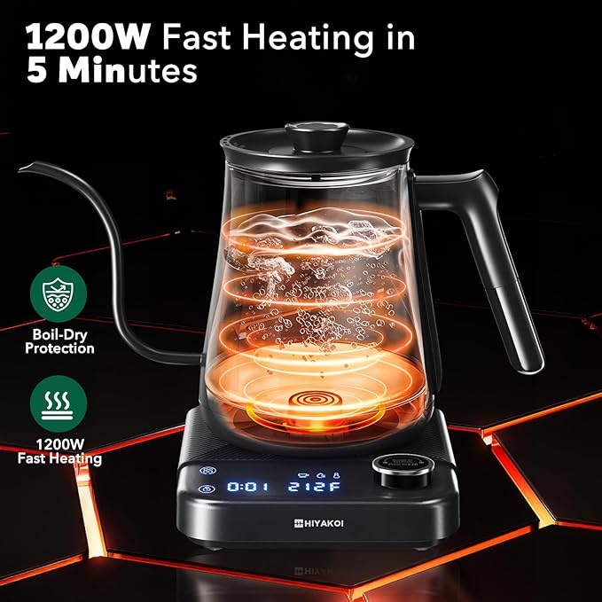Gooseneck Electric Kettle with ±1℉ Temperature Control, Pour Over Kettle for Coffee & Tea, 1200W Rapid Heating, Stainless Steel Water Boiler with 12H Keep Warm & Built-in Timer, 0.8L/27oz