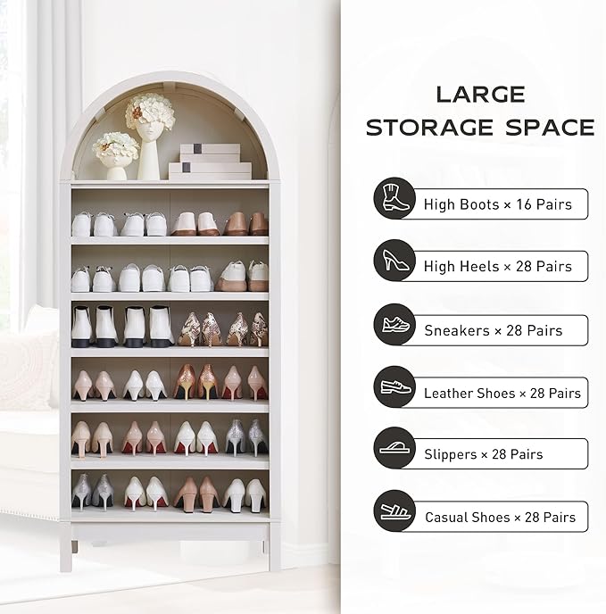71" Tall Arched Bookshelf, 7 Tiers Arch Bookcase with Storage, Modern Farmhouse Book Shelf with Adjustable Shelves, Wood Bookshelf w/Open Display Shelves for Living Room, Office (Antique White)