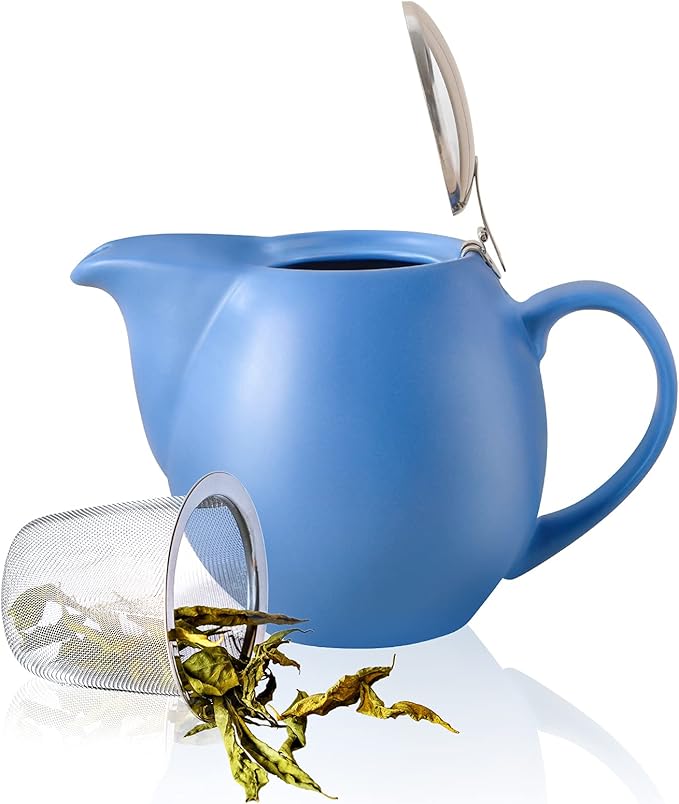 Yundu 32 ounce Blue Porcelain Tea Pot - Stainless Steel Lid and Fine Infuser To Brew Loose Leaf Tea, Enough For 4 Cups
